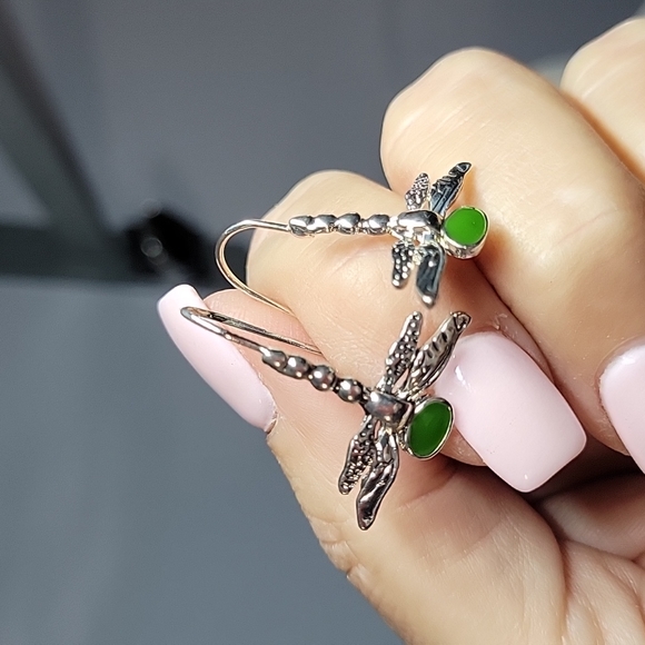 Green Dragonfly Wire Drop Earrings - Picture 5 of 6